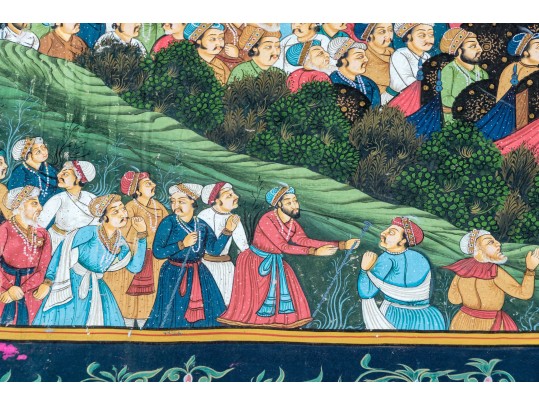 Vibrant Mughal Painting On Thin Fabric, Gathering Before The Emperor