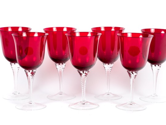 Set Of Seven Hand-Blown Ruby Glass Stemmed Goblets