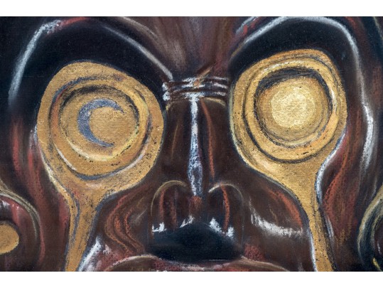 Signed Slinger Pastel On Black Paper, Taino Zemi Cohoba Stand, 1985