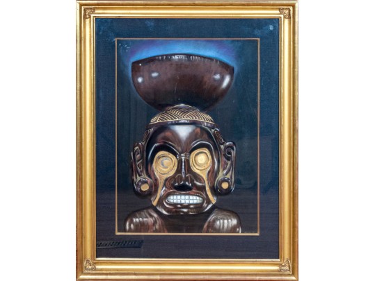 Signed Slinger Pastel On Black Paper, Taino Zemi Cohoba Stand, 1985