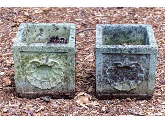Pair Of Cast Stone Shell Decorated Planters