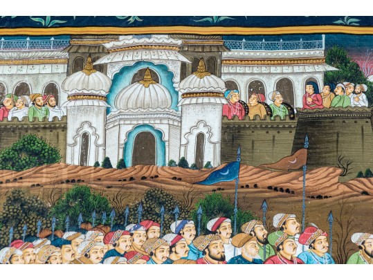 Vibrant Mughal Painting On Thin Fabric, Gathering Before The Emperor