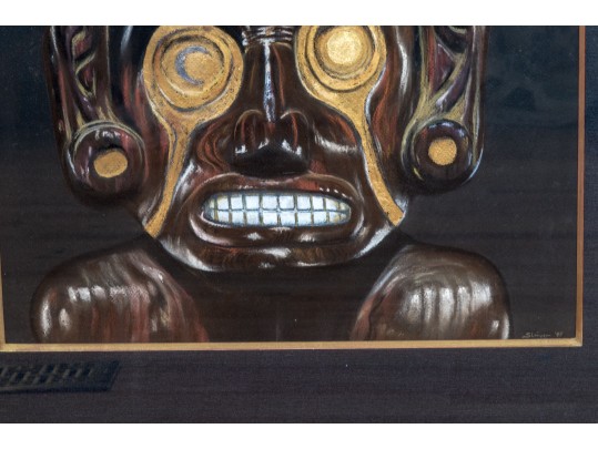 Signed Slinger Pastel On Black Paper, Taino Zemi Cohoba Stand, 1985