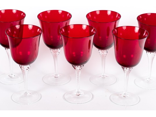 Set Of Seven Hand-Blown Ruby Glass Stemmed Goblets