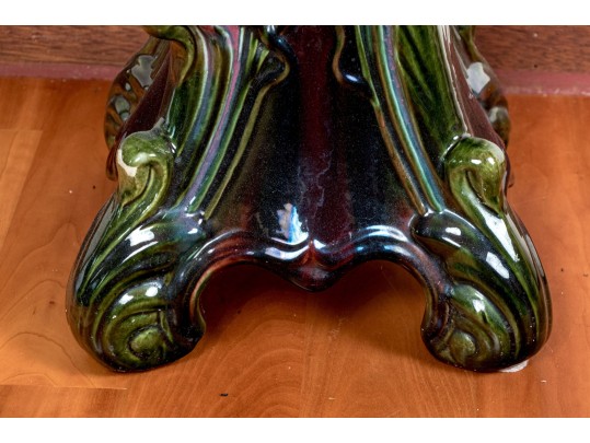 American Ceramic Jardiniere On Pedestal, Art Nouveau Red And Green