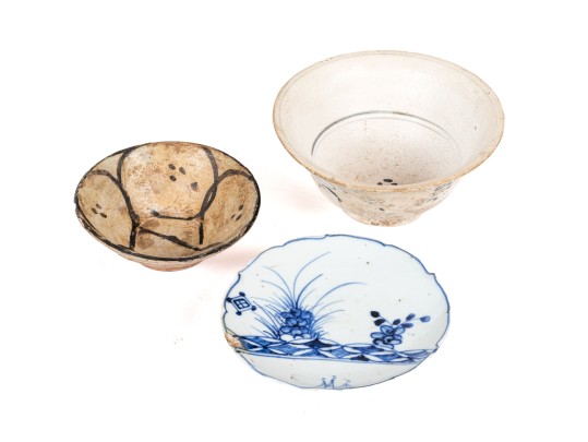 Rustic Trio Of Three Ceramic Bowls And Footed Compote