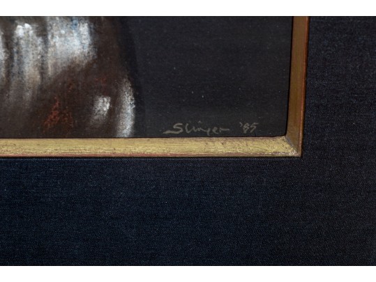 Signed Slinger Pastel On Black Paper, Taino Zemi Cohoba Stand, 1985