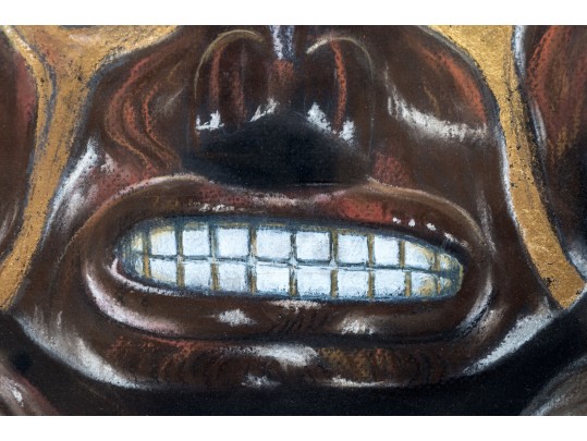 Signed Slinger Pastel On Black Paper, Taino Zemi Cohoba Stand, 1985
