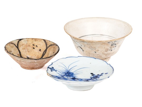 Rustic Trio Of Three Ceramic Bowls And Footed Compote