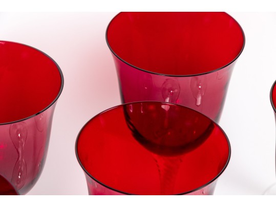 Set Of Seven Hand-Blown Ruby Glass Stemmed Goblets