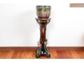 American Ceramic Jardiniere On Pedestal, Art Nouveau Red And Green