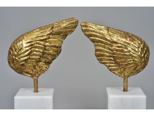 Gold Leaf Winged White Marble Sculptures