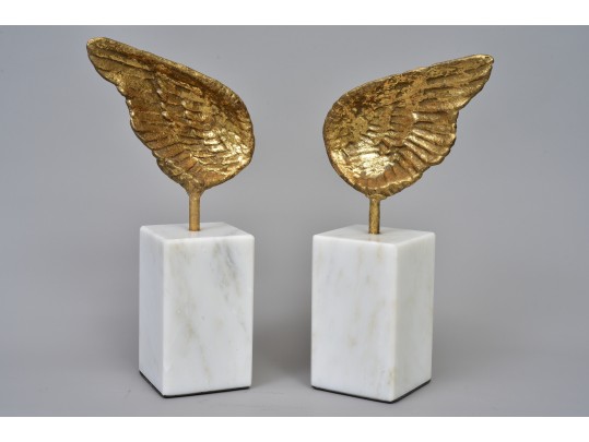Gold Leaf Winged White Marble Sculptures