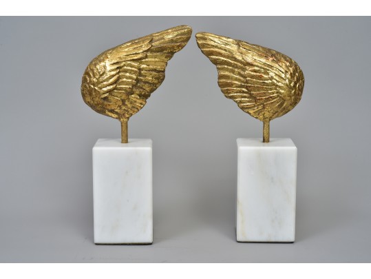 Gold Leaf Winged White Marble Sculptures