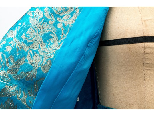 Emanuel Ungaro Vintage Turquoise And Gold Brocade Jacket And Skirt Suit, Size 10