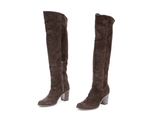 Bruno Ricci Fabulous Thigh High Brown Suede Chunky Heel Boots, Size 41