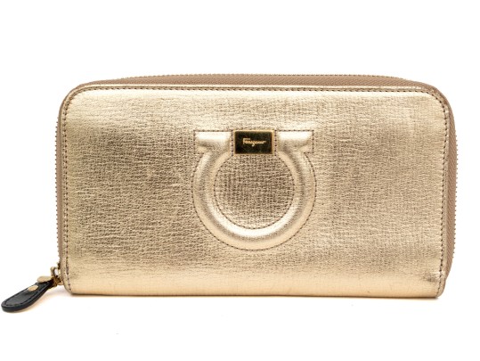 Ferragamo Striking Gold Metallic Leather Zip Wallet