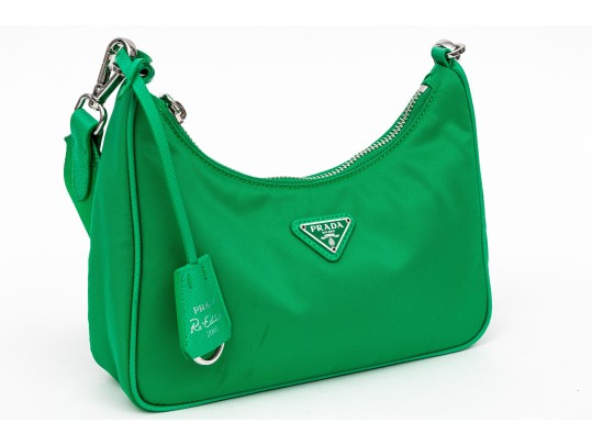 Prada Re-Edition 2005 Green Nylon Shoulder Bag With Logo Strap & Mini Pouch