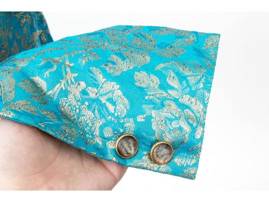 Emanuel Ungaro Vintage Turquoise And Gold Brocade Jacket And Skirt Suit, Size 10