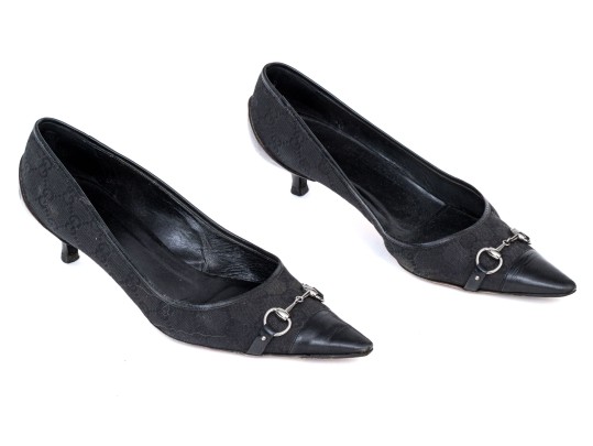 Gucci Black Logo Fabric And Leather Kitten Heel Pumps With Silver-tone Horsebit, Size 10 1/2B