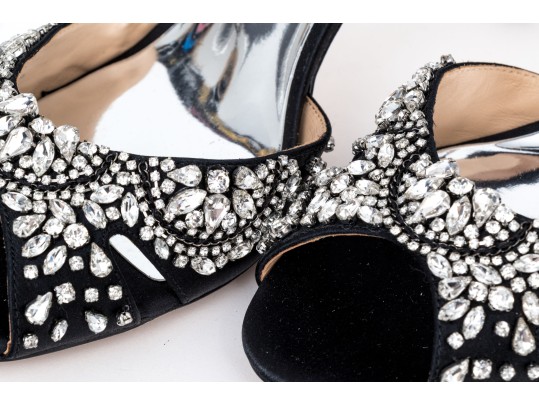 Badgley Mischka Stunning Black Satin And Rhinestone Peep Toe Stiletto Slingbacks, Size 10