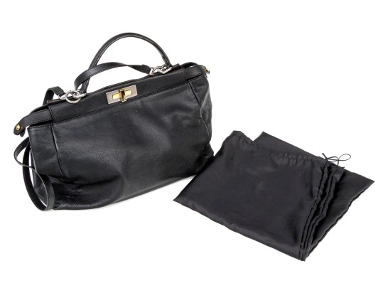 Fendi Extra Large Black Leather Twist Lock Top Handle Bag, With Strap