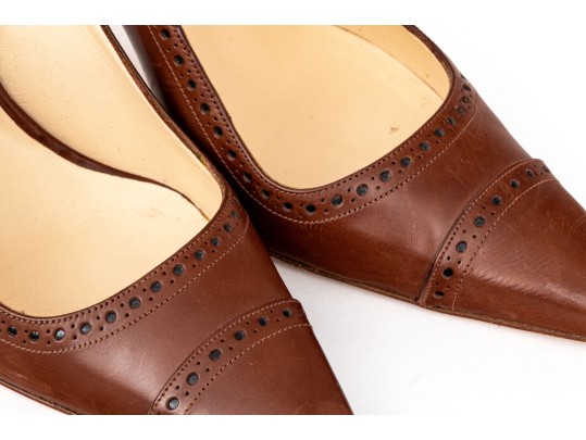 Manolo Blahnik Classic Brown Leather Wingback Style Slingbacks, Size 41 1/2