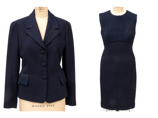 Escada Elements Vintage Navy Blue Lace Paneled Jacket And Dress Suit, Size 40