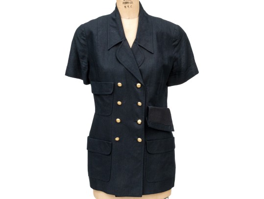 Chanel Boutique Navy Blue Vintage Double Breasted Linen Top, Size 40