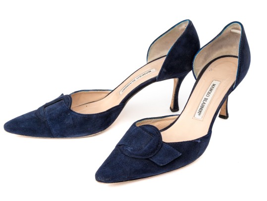 Manolo Blahnik Lovely Blue Suede Buckle Motif Pumps, Size 41