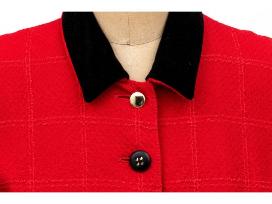 Valentino Boutique Long Red Windowpane Style Jacket With Velvet Collar And Belt, No Size Tag