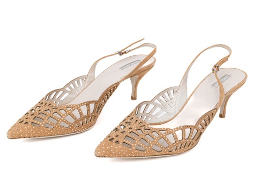 Giorgio Armani Lovely Pierced Tan Suede And Rhinestone Slingbacks, Size 40 1/2