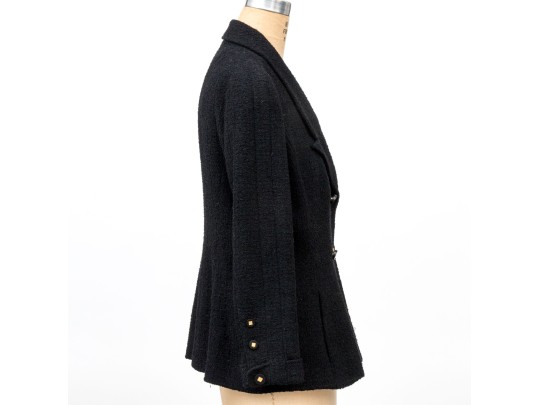 Chanel Boutique Vintage Black Wool And Silk Boucle Jacket And Skirt Suit, Size 44