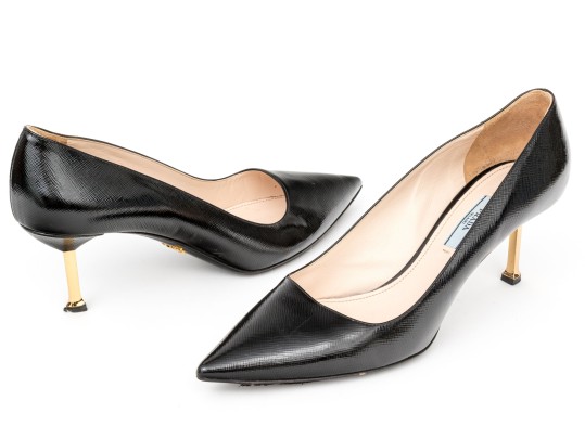 Prada Unusual Black Saffiano Leather Gold Tone Heeled Pumps, Size 41