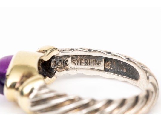 David Yurman Sterling Silver And 14k Yellow Gold Amethyst Cabachon Cable Ring, Size 5.75