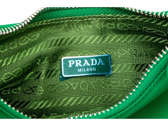 Prada Re-Edition 2005 Green Nylon Shoulder Bag With Logo Strap & Mini Pouch