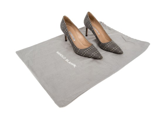 Manolo Blahnik Fun Grey And Off White Fabric Pumps, Size 42
