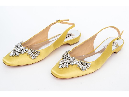 Badgley Mischka Beautiful Yellow Satin And Rhinestone Slingbacks, Size 10
