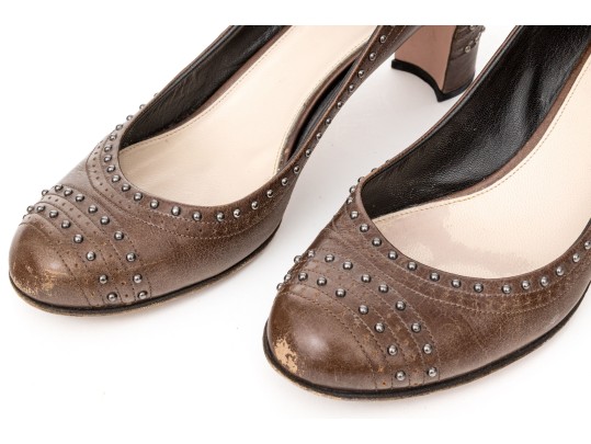 Prada Edgy Studded Brown Leather Wingback Pumps, Size 41