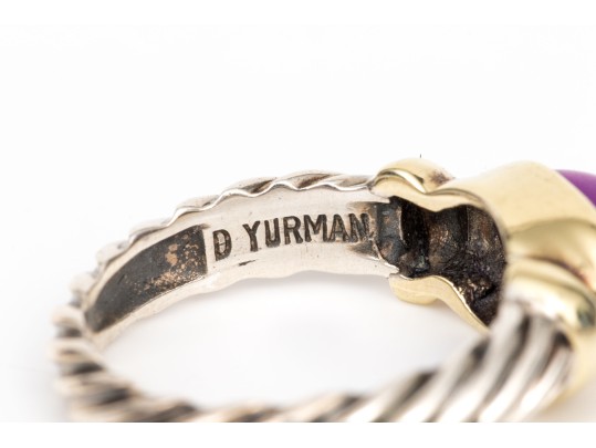 David Yurman Sterling Silver And 14k Yellow Gold Amethyst Cabachon Cable Ring, Size 5.75