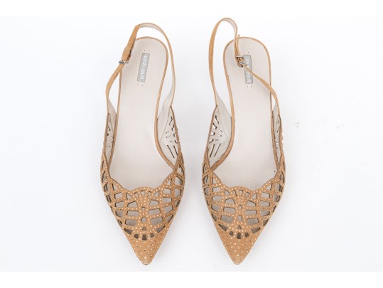 Giorgio Armani Lovely Pierced Tan Suede And Rhinestone Slingbacks, Size 40 1/2