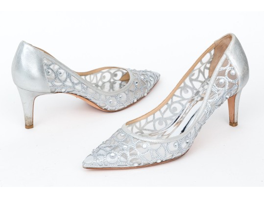 Badgley Mischka Stunning Silver Mesh Rhinestone Pumps, Size 10