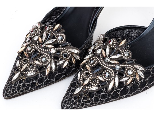 Rene Caovilla Stunning Black And Silver Rhinestone Slingbacks, Size 41, With Box