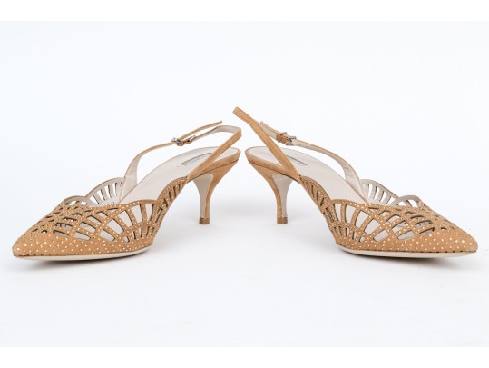 Giorgio Armani Lovely Pierced Tan Suede And Rhinestone Slingbacks, Size 40 1/2