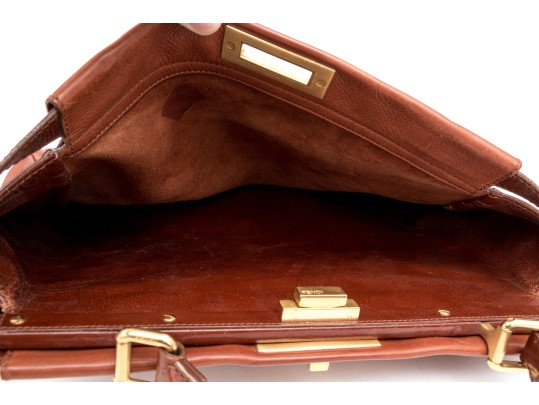 Fendi Brown Leather Structured Double Sided Twistlock Top Handle Tote