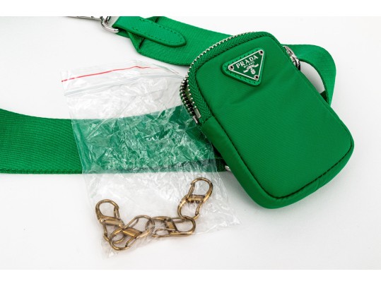 Prada Re-Edition 2005 Green Nylon Shoulder Bag With Logo Strap & Mini Pouch