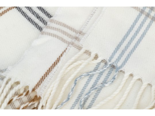 Mark & Graham Ivory, Grey And Tan Plaid Fringed Cashmere Scarf, With Box