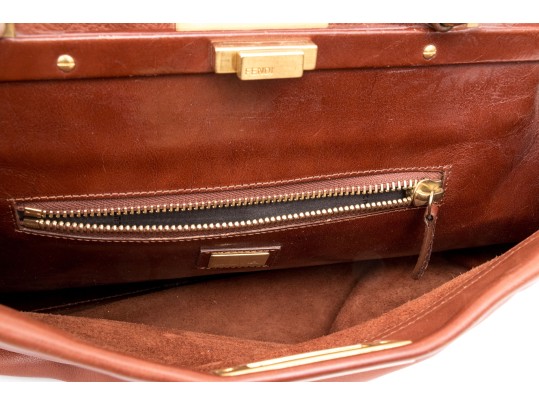 Fendi Brown Leather Structured Double Sided Twistlock Top Handle Tote