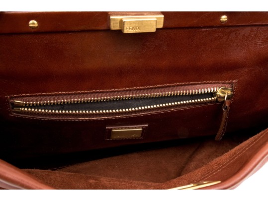 Fendi Brown Leather Structured Double Sided Twistlock Top Handle Tote