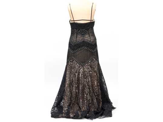 Sue Wong Magnificent Bedazzled Black Lace And Nude Overlay Floor Length Gown, Size 12